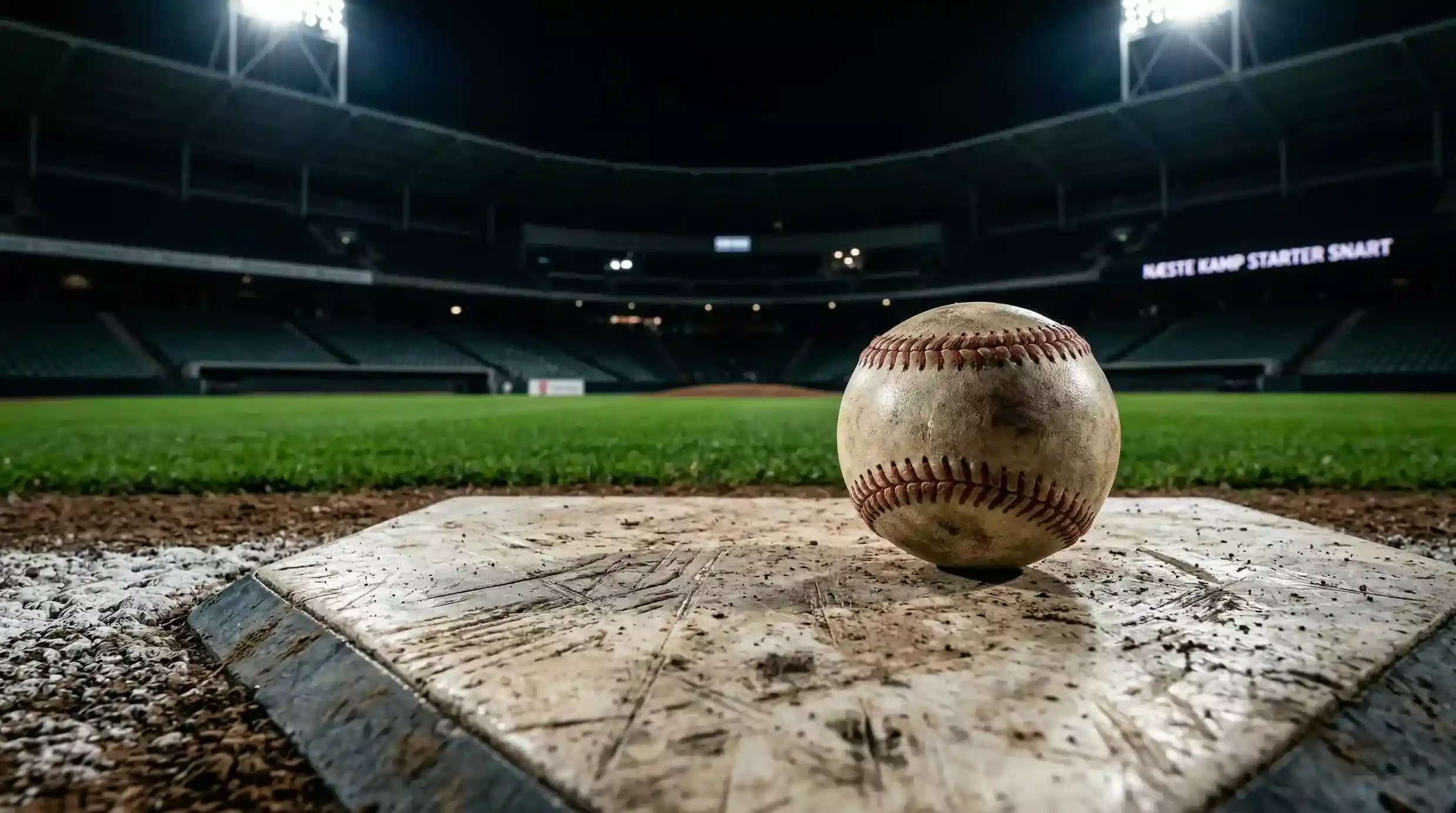 Baseball resting on a worn home plate under stadium floodlights before an MLB night game