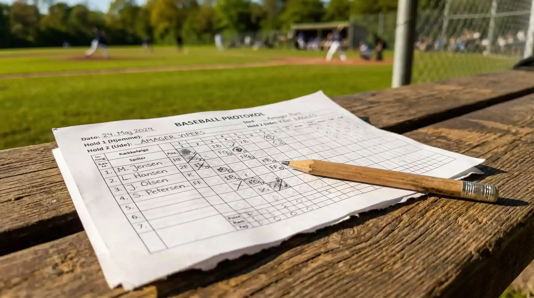 Close-up of a baseball scorecard and pencil on a dugout bench with blurred field action in the background