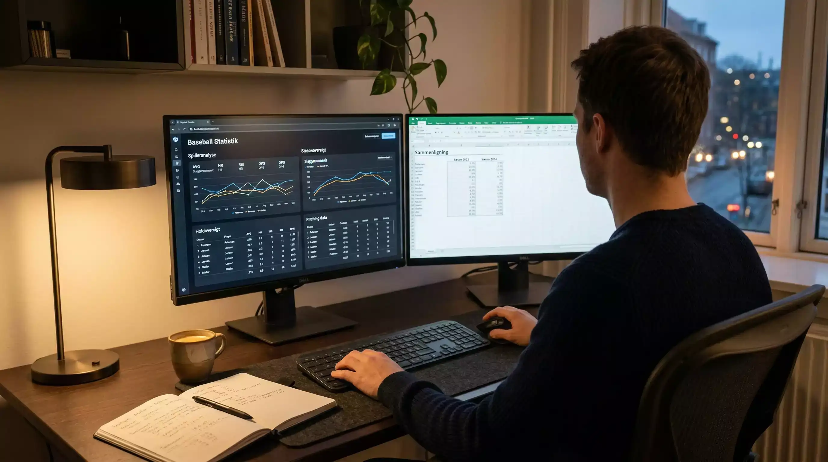 Person reviewing baseball statistics on a dual-monitor setup with Baseball Savant data and a betting line comparison sheet