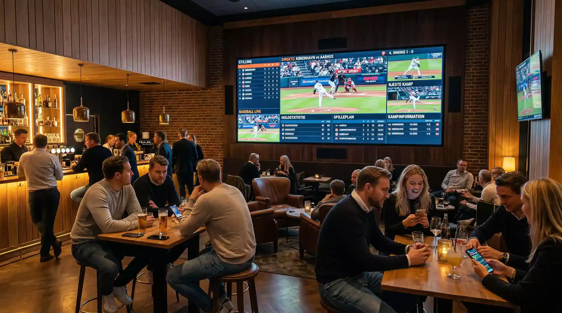 Crowded American sportsbook lounge with multiple screens displaying live MLB game odds and scores